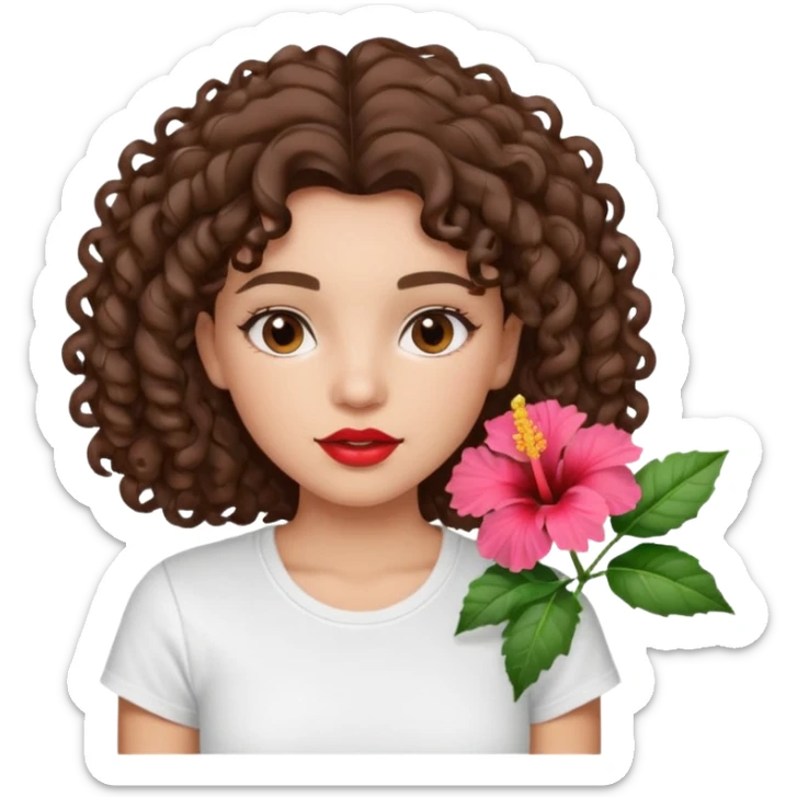 A brunette girl turned to the left side with curly hair with a hibiscus on her hair on her lips she has a brown pencil outline with gloss over it with a white t-shirt  sticker