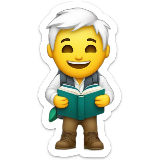 joven estudiante de piel blanca,  con muchos pero muchos  sus libros y su mascota, llamada jack, riendo y muy feliz sticker