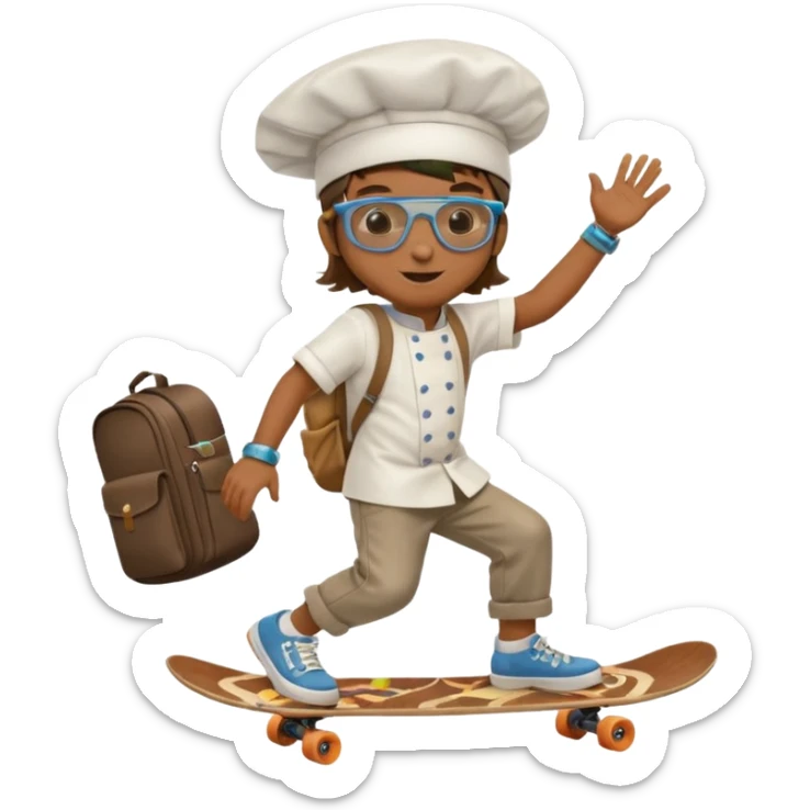 ["A happy boy with brown skin, straight hair, wearing a chef hat and sunglasses, dressed in hippie fashion, is skateboarding while holding a backpack."] sticker