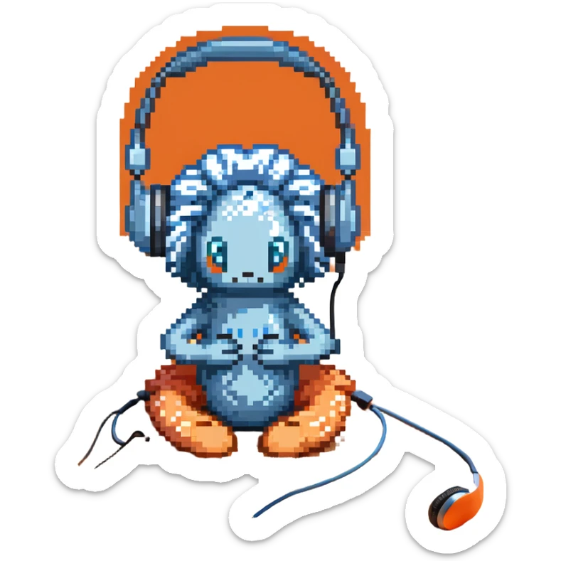 light blue sea anemone with arms, listening to music with headphones, sitting on sand sticker