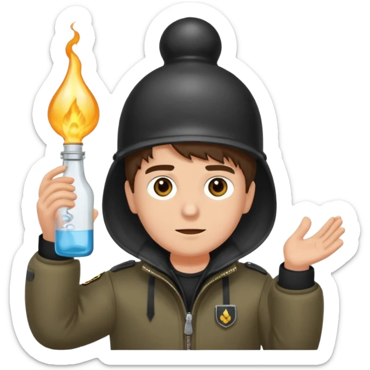 erstell ein bild Von eine jungen der braune augen hat eine sturmhaube trägt und eine Jacky flasche in der Hand hebt plus eine Jacke mit schwarzen fell sticker