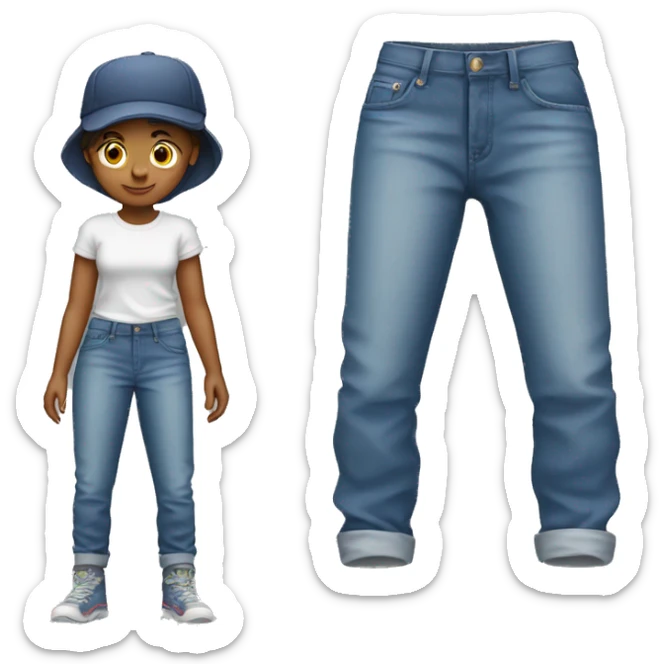 Baggy jeans on a girl with a baggy shirt and a cap sticker