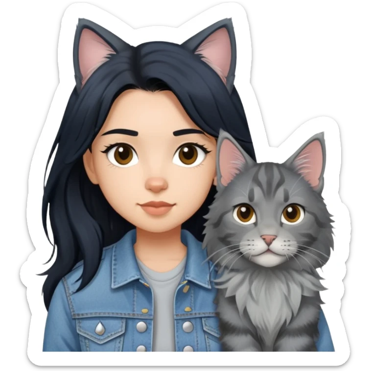 girl with black hair wearing denim jacket with gray maine coon cat sticker