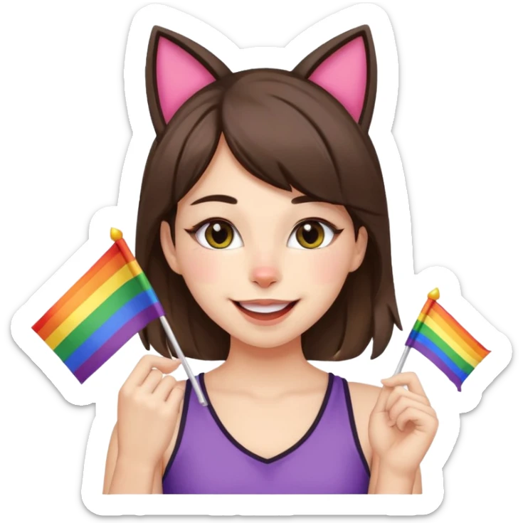 brunette girl with cat ears and doing cat pose with gay flag in mouth sticker