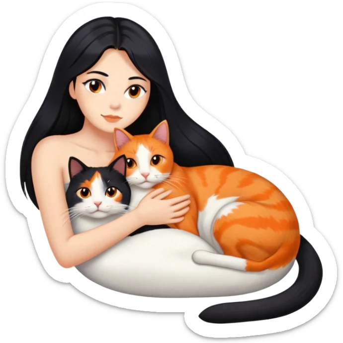 rambut hitam lurus panjang dan kucing belang tiga yang dominan berwarna oren sedang berbaring di bahu dan leher kirinya emojiem
 sticker