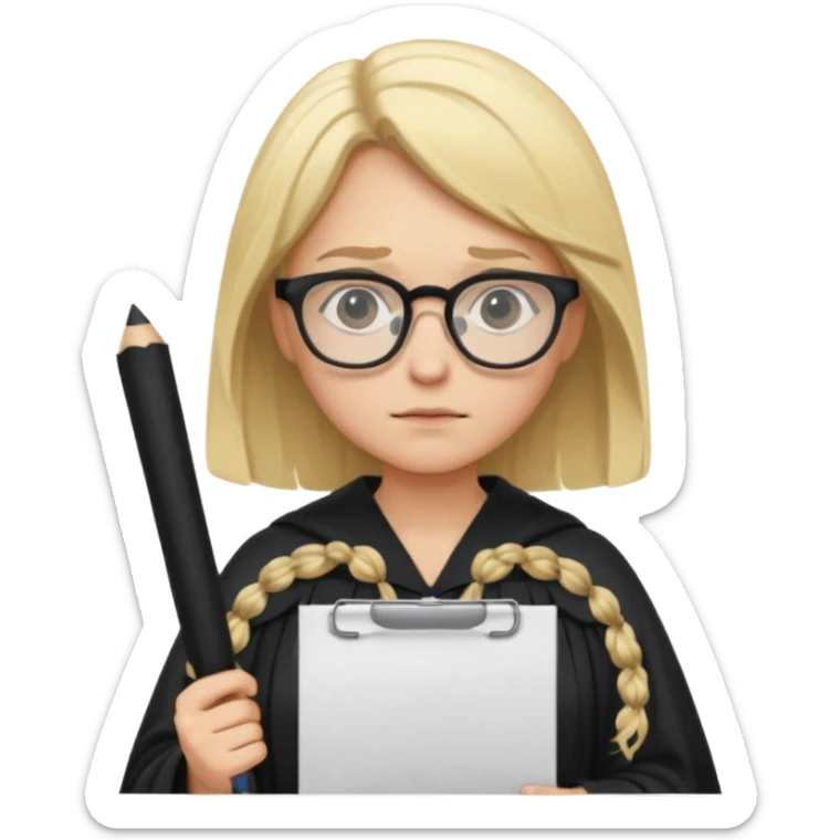 Young judge, blonde hair with glasses and robe, hold a paper sticker
