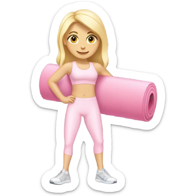 A blonde white girl in a light pink fitness suit with a full-length fitness mat sticker