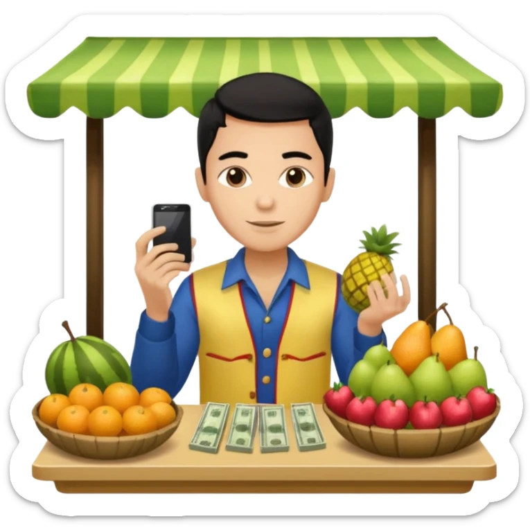 chico piel clara pelo negro con ropa de frutero sentado en una mesa contando mucho dinero sticker