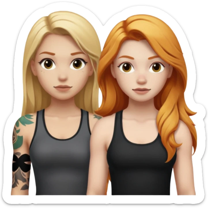 girl with long blonde hair and black tattoos next to a an athletic ginger girl sticker