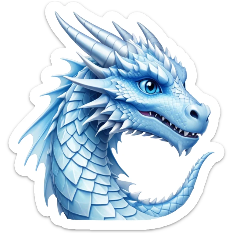 Cinematic Noble Beautiful Ice Dragon Portrait Emoji, Poised and majestic, with an ethereal, crystalline body adorned in intricately detailed scales of frosty blues and silvery whites reminiscent of glacial ice and delicate snowflakes, and piercing, cool eyes reflecting winter’s clarity; rendered with lifelike texture and subtle natural highlights, high shine, elegant and formidable, styled with an aura of chilling mythic beauty, focused and serene, soft glowing outline, capturing the essence of a legendary ice sovereign ready to glide gracefully out of the screen with timeless frosty allure! sticker