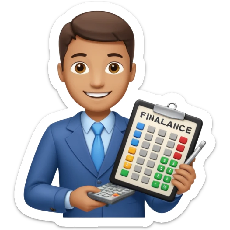 emoji, of a male AUDITOR smiling with Finance spreadsheet , a calculator,plus ADD A puzzle and a Balance for accounting. sticker