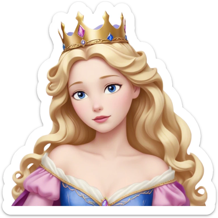 Cinematic Realistic Sleeping Beauty (Aurora) Portrait, with porcelain-like skin featuring a natural rosy flush, illuminated by soft lighting that highlights the gentle contours of her face. Her golden blonde hair flows in soft, detailed waves with subtle highlights that shimmer in the light. Her deep violet-blue eyes radiate warmth and innocence, framed by arched brows and long lashes. Her serene expression exudes quiet elegance. She is dressed in her classic pink gown, the fabric rich in texture with delicate folds that catch the light. A golden crown rests atop her head, gleaming with royal refinement. The portrait captures a soft, glowing aura, blending realism with an ethereal sense of beauty and timeless enchantment. sticker