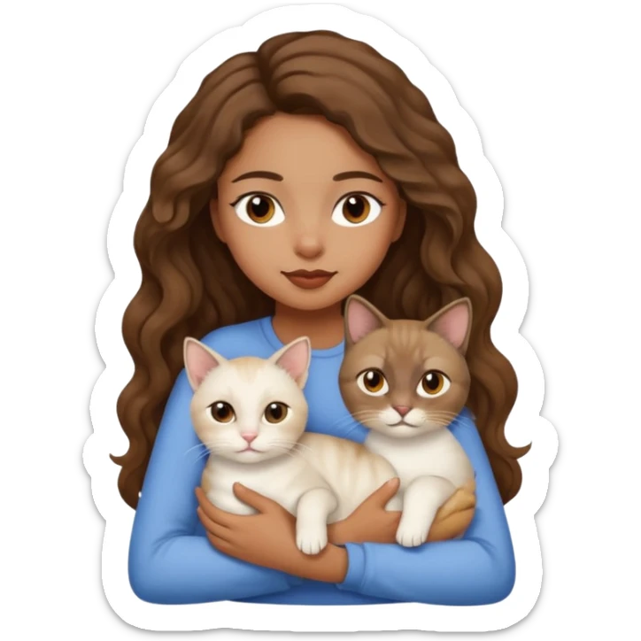 brown girl, brown eyes, wavy hair, with a siamese cat on her lap and a white cat beside her, emoji style sticker