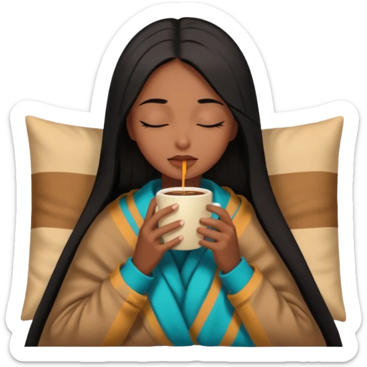 Chocolate brown girl with long straight jet black hair wrapped inside a tan blanket sipping coffee eyes closed sticker