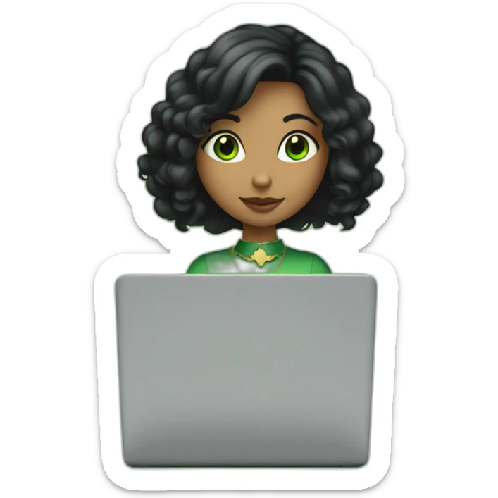 a girl with shoulder length black hair, big ears, green eyes, and a gold heart necklace working on a laptop sticker