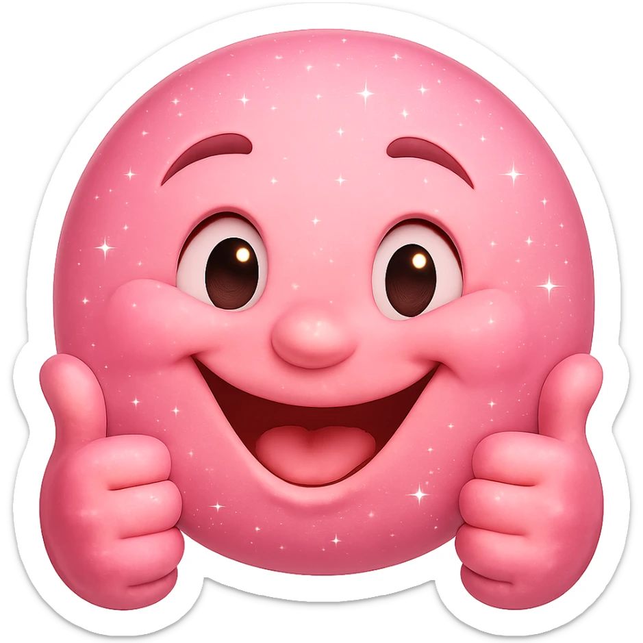 Make the pink sparkly smiley face with two thumbs up look friendlier and less creepy, with a warm, genuine smile and softer eyes. Keep the sparkles and pink color. No background. The style is a pink sparkly emoji with sparkles and thumbs up. sticker