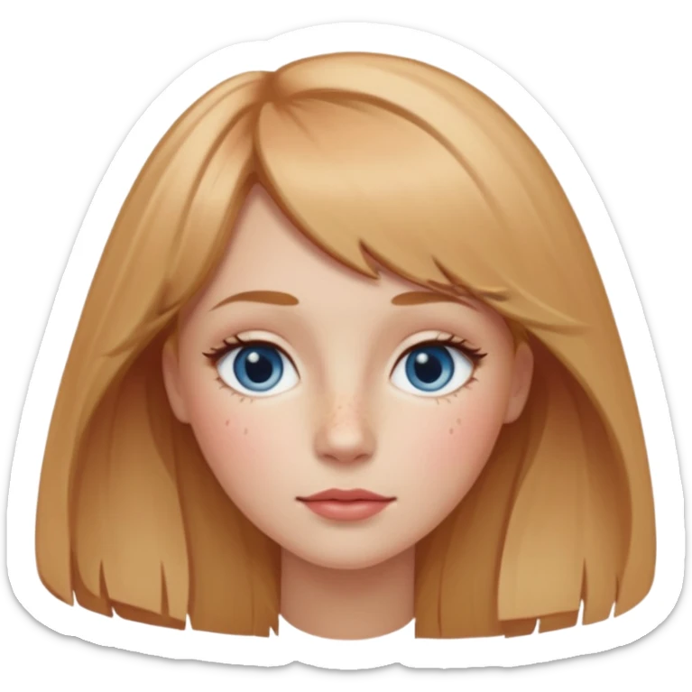 fair-skinned girl with oval face, freckles on nose and cheeks, long strawberry-blonde hair parted in center, wispy bangs, almond gray-blue eyes, sandy-blonde arched brows, straight nose, rose lips sticker