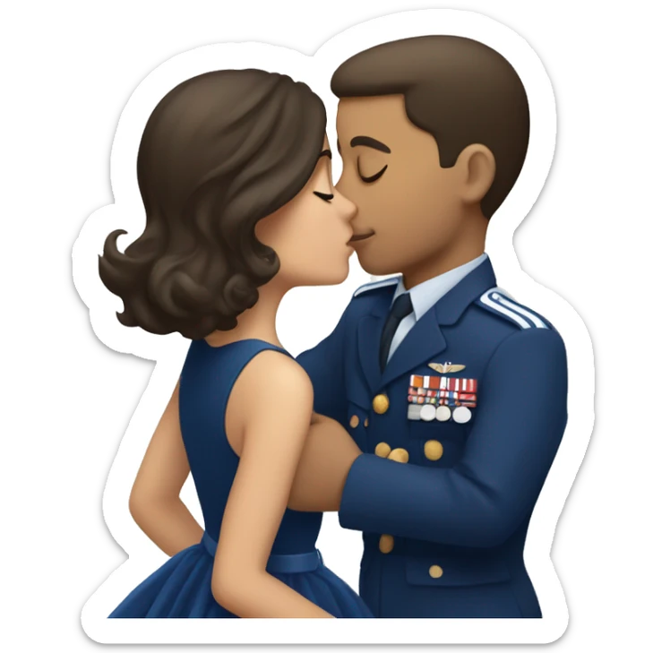 Brunette girl in a dress kissing a blue solider in the navy sticker
