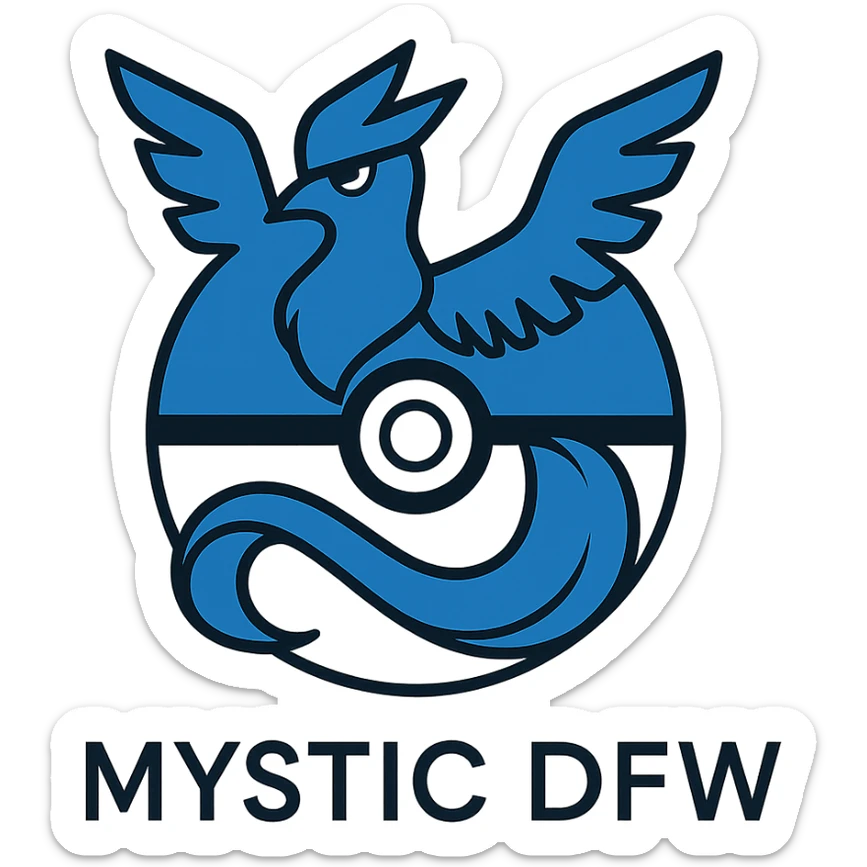 Add a Pokéball motif blended with the Articuno silhouette and 'Mystic DFW' text in blue and white, maintaining the minimalist style of the Team Mystic DFW logo. sticker
