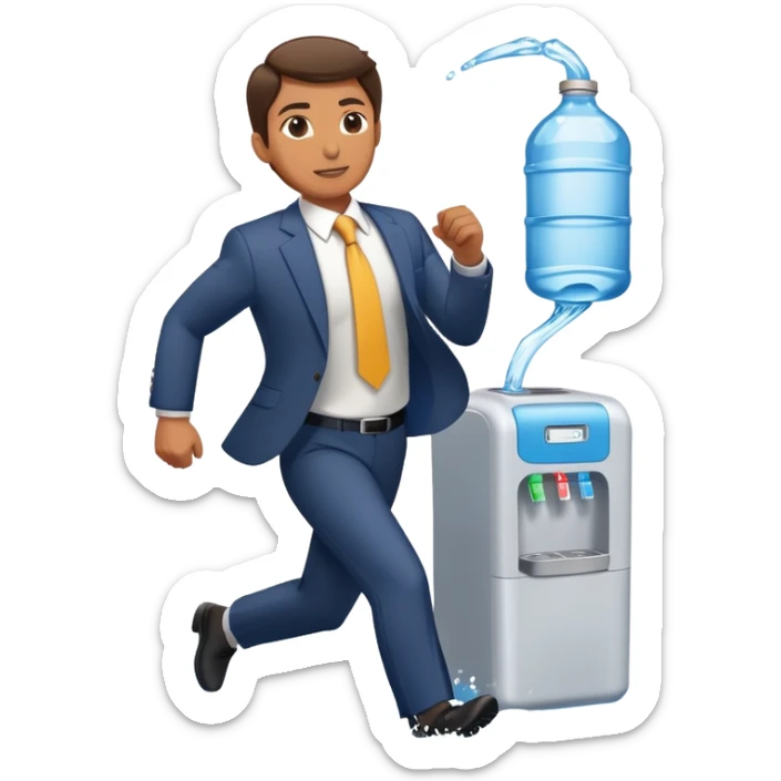 Company director running a marathon in a business suit next to a water cooler sticker