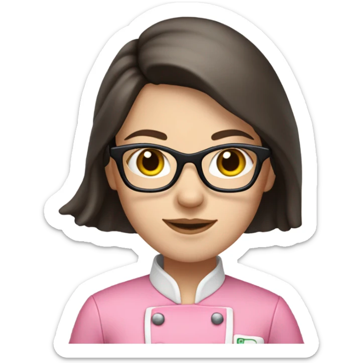 long brunette hair girl with pale skin and black glasses and a pink chef outfit sticker