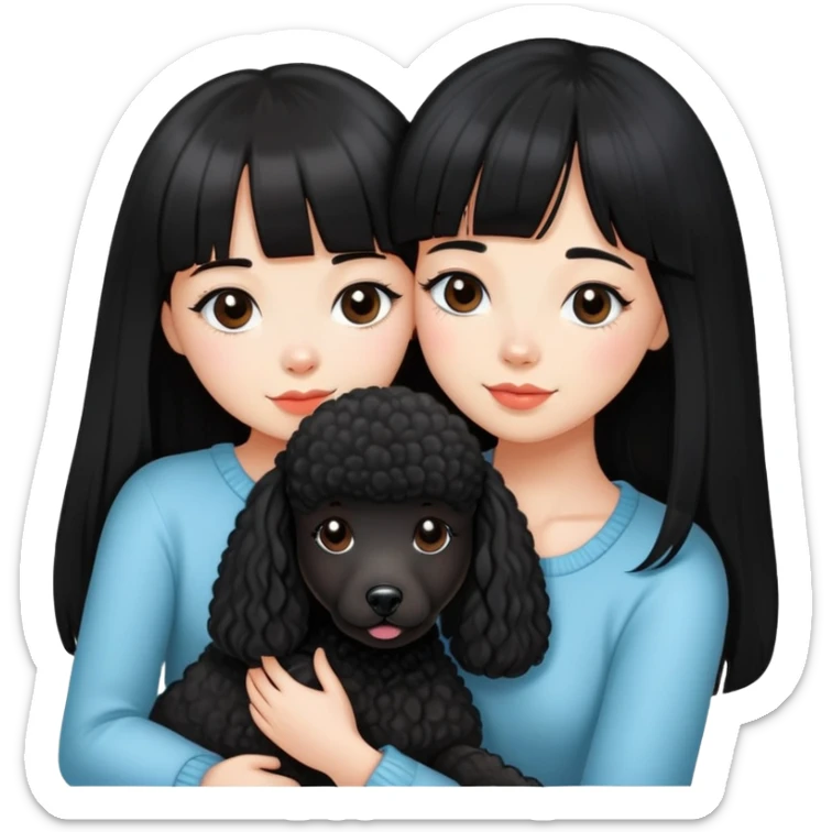 A beautiful girl with long straight black hair and bangs hugs a poodle tightly sticker
