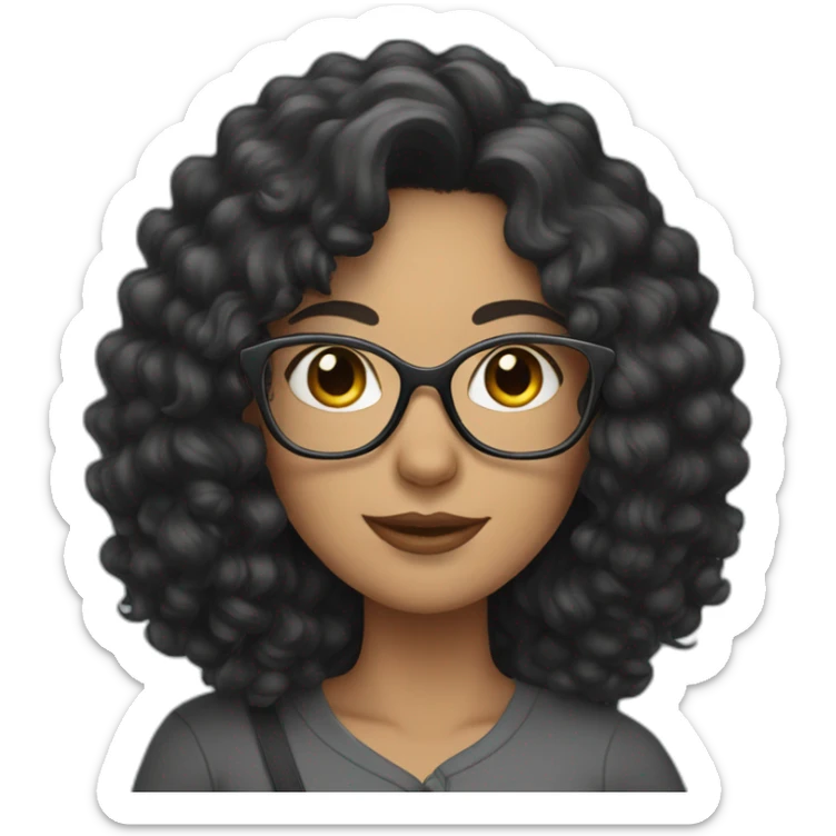 Curly woman with long black hair and glasses, holding a gray cat sticker