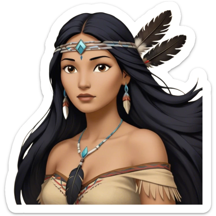 Cinematic Realistic Pocahontas Portrait, depicted with lifelike skin texture, soft natural lighting, and intricately detailed long, flowing raven-black hair that moves gracefully in the wind. Her deep, soulful dark brown eyes exude wisdom and strength, complemented by a serene yet powerful expression. She is dressed in her classic one-shoulder native american dress, with rich fabric textures and delicate beaded details that catch the light beautifully. The portrait features a soft, sun-kissed glow with a natural, radiant finish, capturing the essence of untamed beauty and deep connection to nature in a realistic and painterly style, evoking a sense of depth and authenticity. sticker