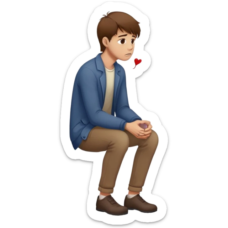 a man with brown hair staying in a
full height in profile with anxiety and begging face with a broken heart sticker