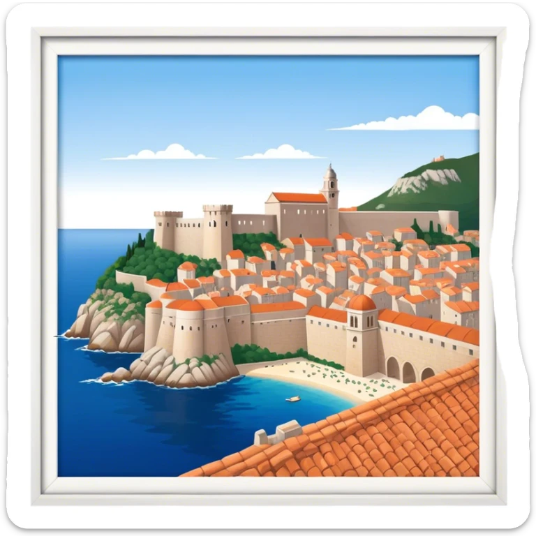 Cinematic Realistic Dubrovnik Landmark Emoji, showcasing the historic walled city with its terracotta rooftops, stone fortifications, and the deep blue Adriatic Sea stretching beyond. sticker