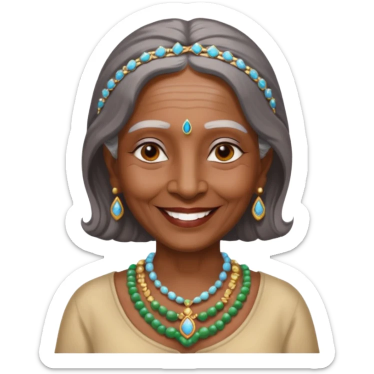 A old indian woman with a top saying "Wet queens meet and greet 2067" sticker