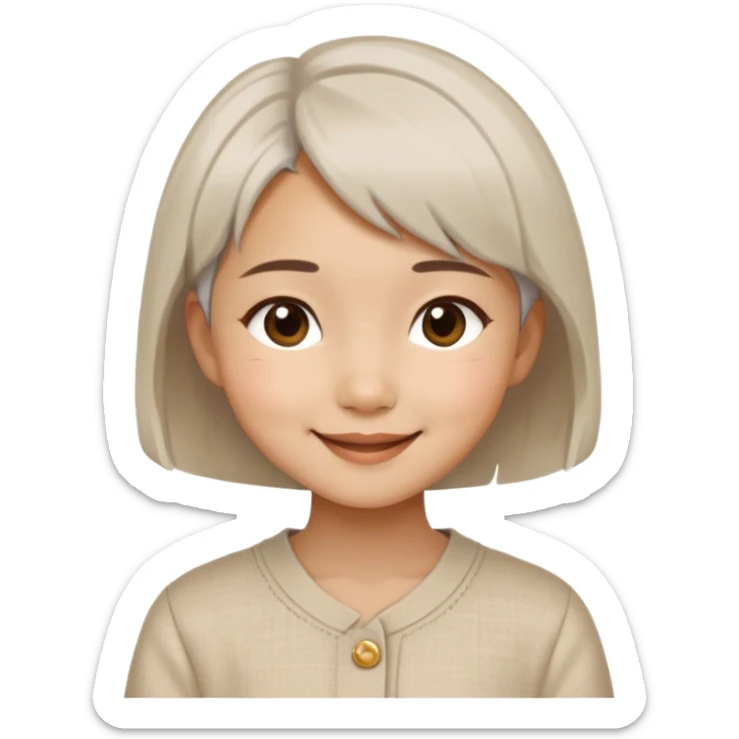 A young Asian girl with short hair, linen colored hair, a delicate outfit, smiling like a happy little dog sticker