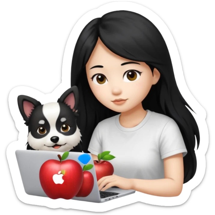 Asian girl long black hair, wearing a white t-shirt, working on an Apple laptop, next to her is a small black and white female dog sticker