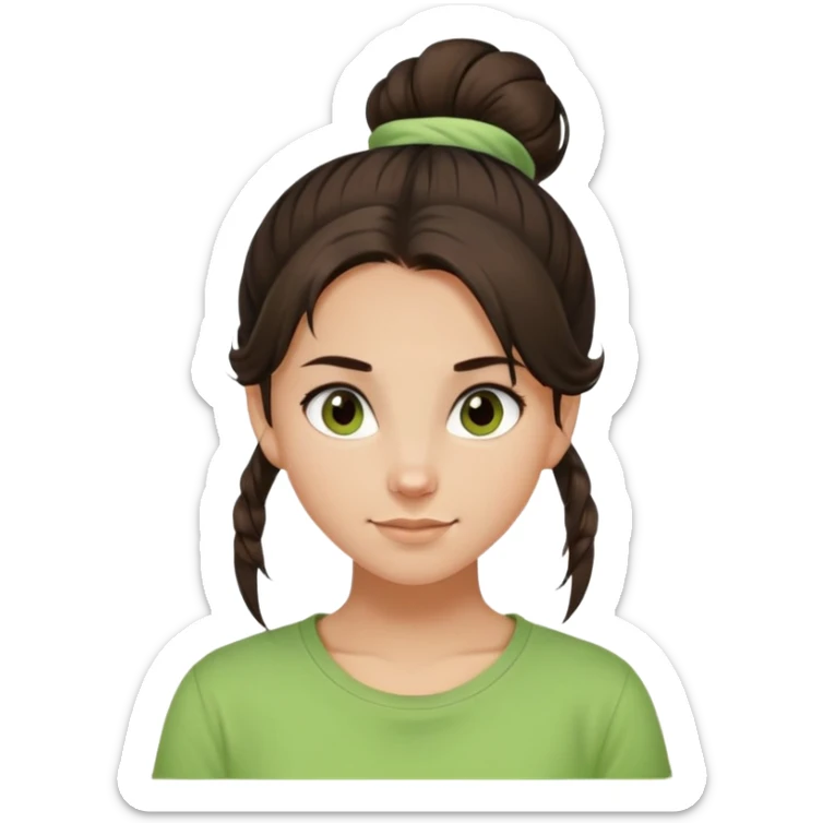 a girl with long dark brown hair with one high disheveled bun in light green t-shirt, a slight smile, dark brown eyes sticker
