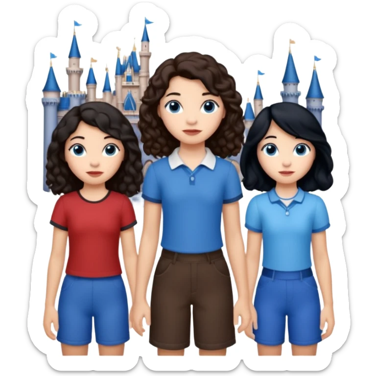 Algo de Disney y por detrás o delante pon a quatro chicas: una con el pelo largo rizado marrón , otra con el pelo muy corto negro, como un chico, otra con el pelo mediano liso marrón con ojos azulesy otra con el pelo negro largo liso . Todos son color carne. Es para el viaje sticker