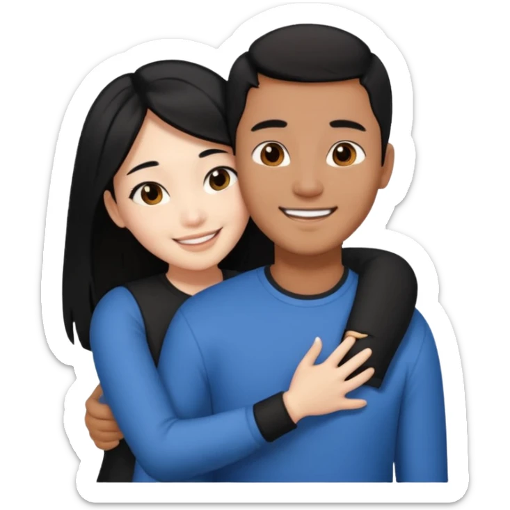 Asian guy with brown skin, short black hair, and a Asian girl with white skin and long black hair hugging  sticker