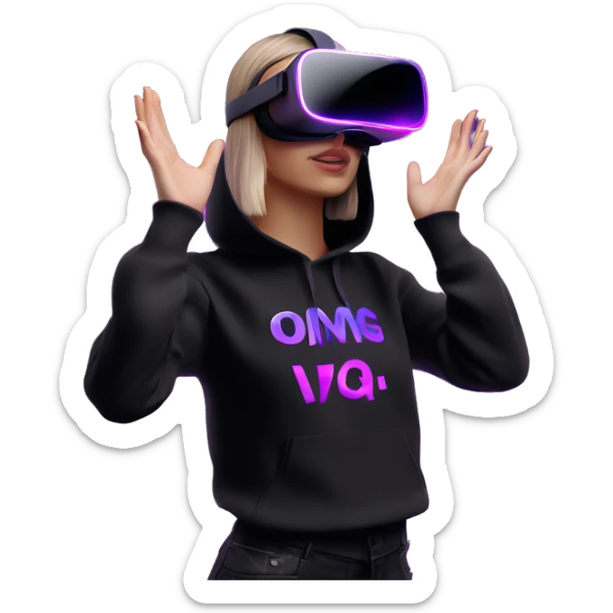 Russian girl wearing black hoody with violet letters "OMG", in vr headset oculus quest2. Dancing. Cyberpunk style. Violet neon. sticker