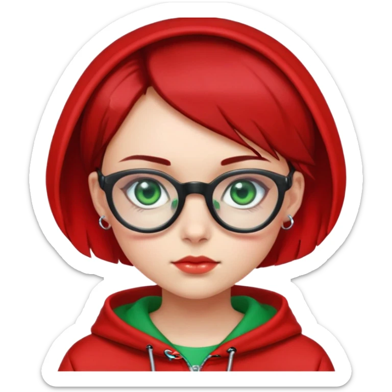 Girl with red black short neck length hair wearing red hoodie with transparent glasses green eyes big earrings   sticker