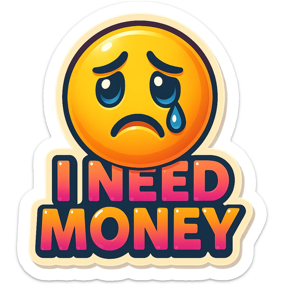 sticker of a sad emoji with the words 'I need money', clear and expressive, suitable for messaging sticker