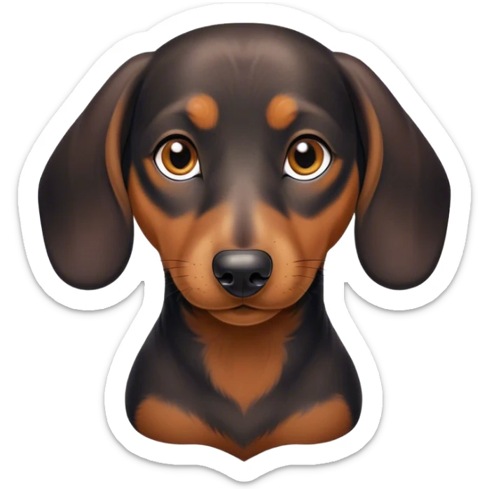 Cinematic Noble blablack and tanck and tan Dachshund Portrait Emoji, Poised and regal, with a long, low-slung build and a smooth, well-groomed black and tan coat, deep-set soulful brown eyes, Simplified yet sharp and sophisticated features, highly detailed, glowing with a soft, dignified glow, high shine, intelligent and determined, stylized with an air of charm, focused and attentive, soft glowing outline, capturing the essence of a watchful and confident companion, so majestic it feels as though it could slide out of the screen with effortless authority! sticker