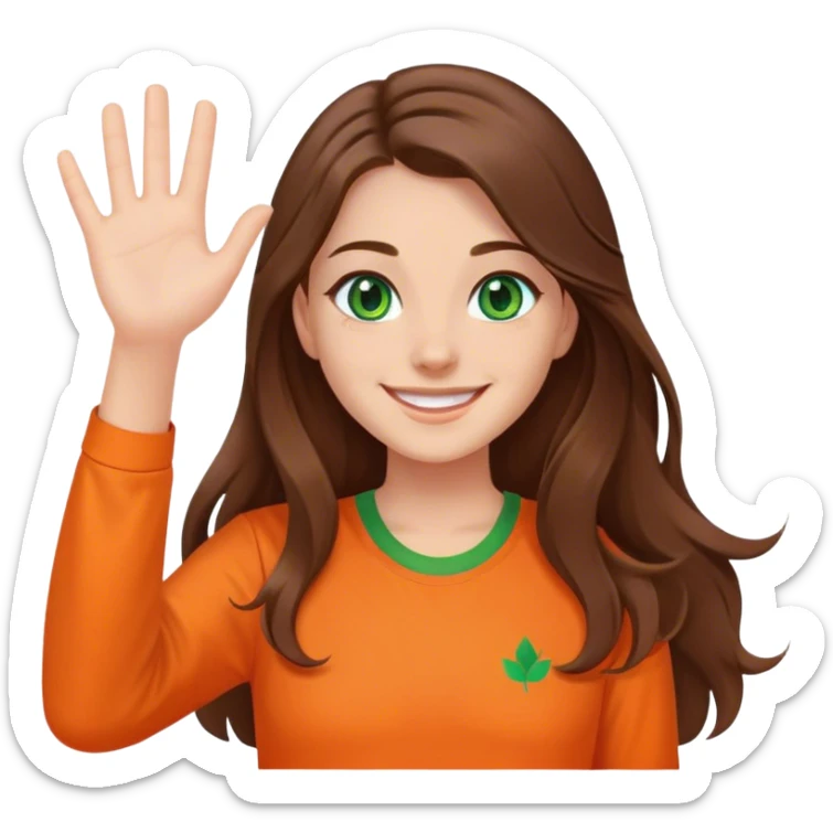 smiling girl with long brown hair, middle hair split, waving, green eyes, orange shirt sticker