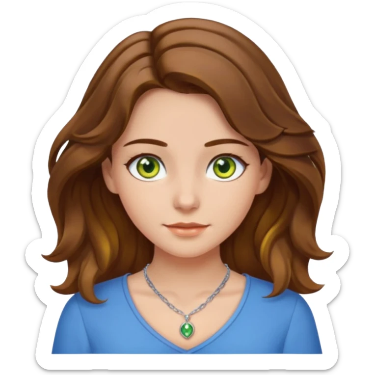 girl with brown, wave, middle hair, green- yellow eyes in white top with blue blouse and selver necklace sticker