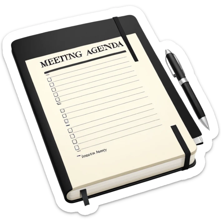 An open black Moleskine notebook with meeting agenda written at the top and clearly visible bullet points below sticker