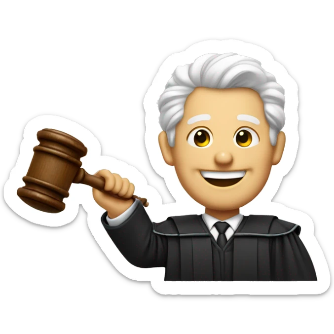 Courtroom judge wearing judge clothing and a gavel in hand, laughing face sticker