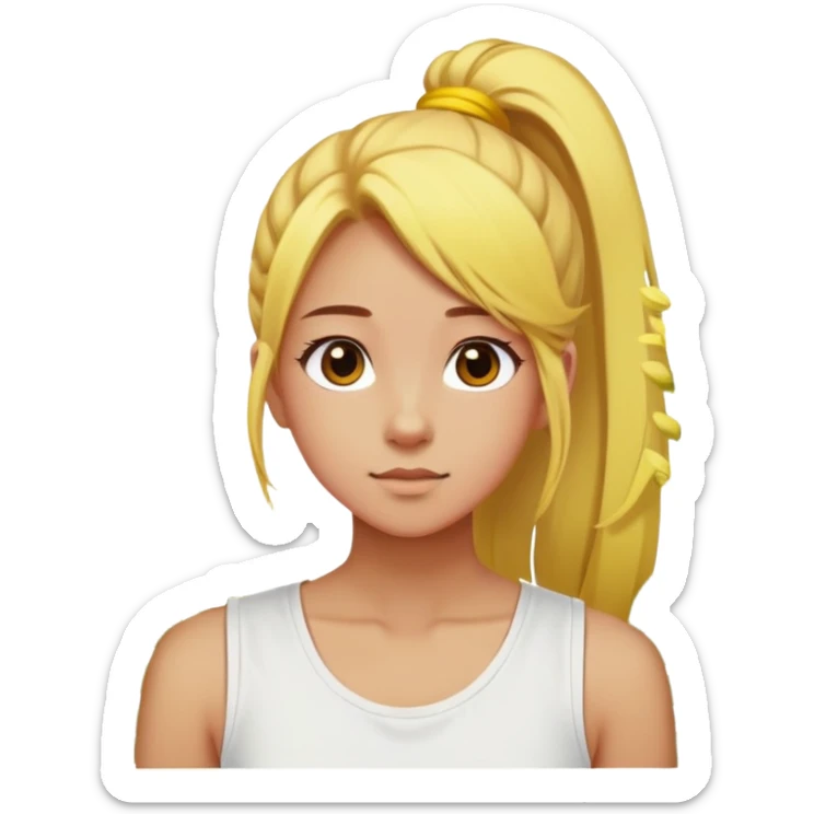 A girl with a high ponytail, a yellow hair tie, and a sleeveless white top, surrounded by blooming forsythias. sticker