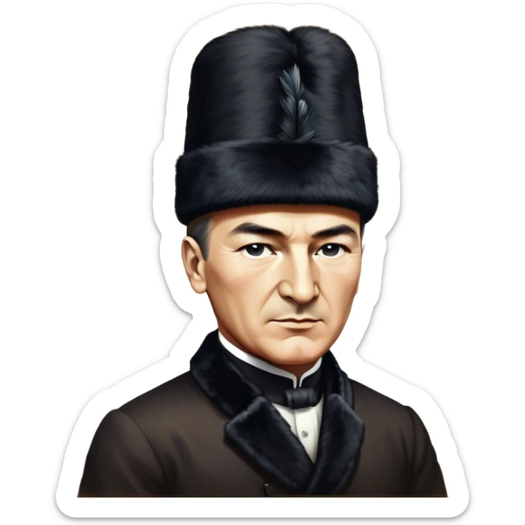 ​Cinematic Realistic Portrait of a Young Mustafa Kemal Atatürk, depicted wearing an iconic tall black fur hat along with traditional attire, his confident, visionary expression illuminated by warm, inspiring lighting, rendered with rich historical textures that capture his youthful dynamism and transformative leadership, sticker