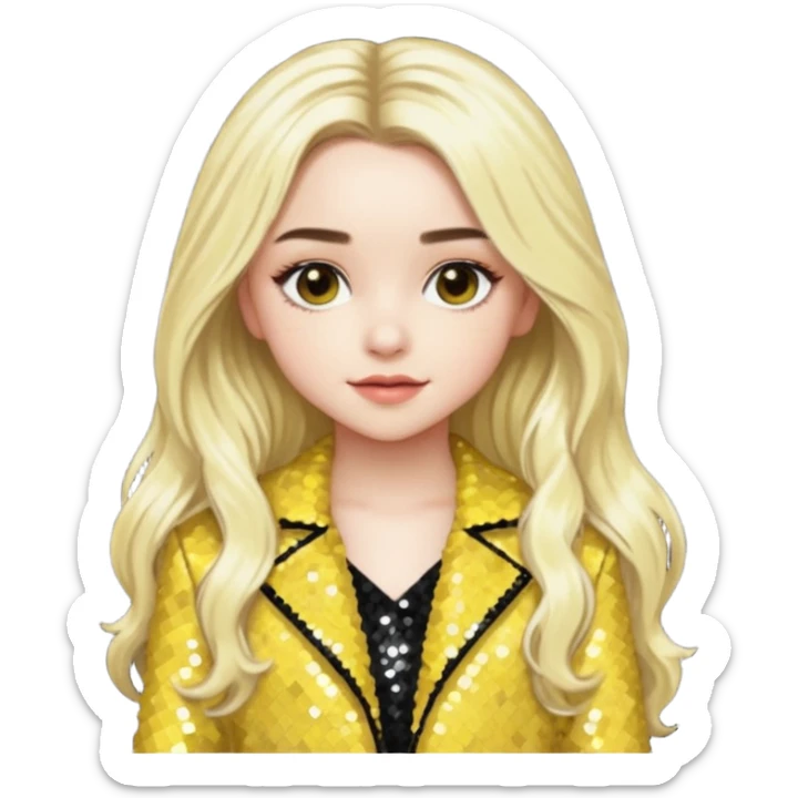 Sabrina Carpenter with long platinum blonde hair, yellow sequin outfit sticker