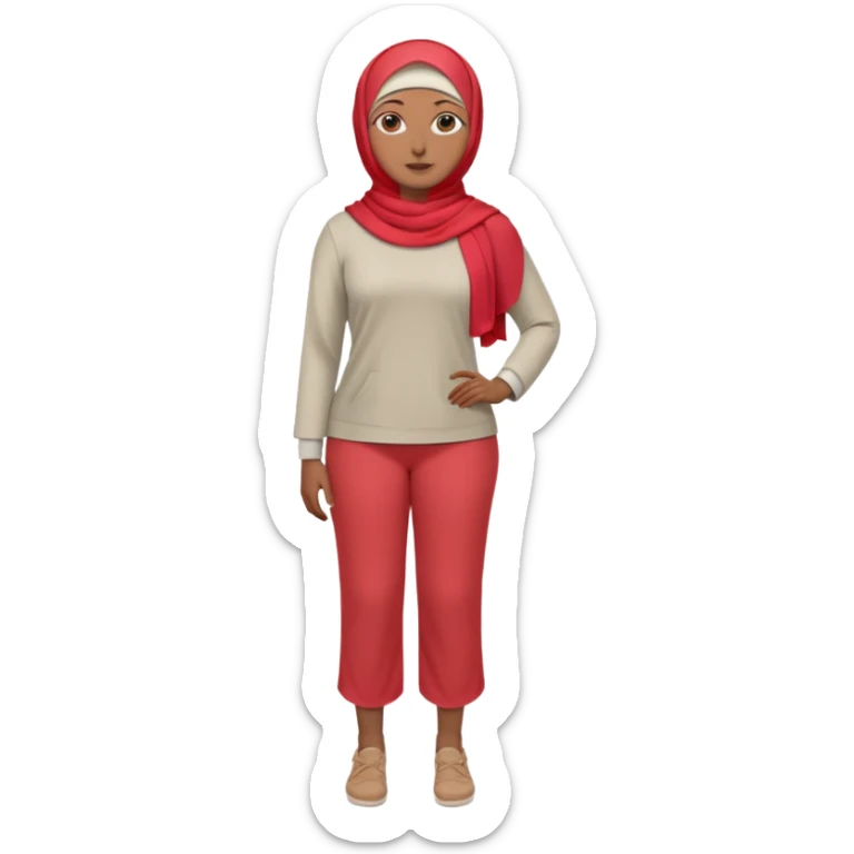 Heavy-set woman with medium-brown skin wearing a light red hijab, cream top, light red pants, tan shoes, and a visible gray below-knee prosthetic leg. Standing confidently with one hand on her hip sticker
