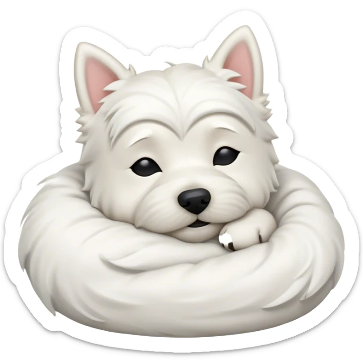 Meme-Worthy Cute Sleeping West Highland White Terrier Portrait Emoji, Head resting peacefully with a contented smile, showcasing a delightfully compact build and a luxuriously soft white coat, eyes shut in a serene nap, Simplified yet hilariously adorable features, highly detailed, glowing with a soft, drowsy light, high shine, relaxed and utterly lovable, stylized with an air of playful laziness, bright and heartwarming, soft glowing outline, capturing the essence of a comically sleepy companion, so meme-worthy it feels like it could instantly become the next viral sensation of adorable slumber! sticker
