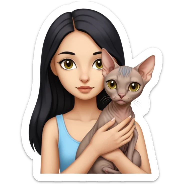 beautiful girl with long black hair holding a hairless sphinx cat sticker
